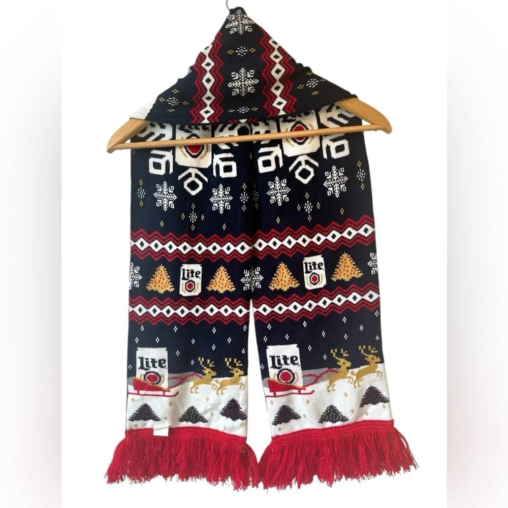 Miller Lite Beer Ugly Christmas Scarf Collectible Reindeer Snowflake